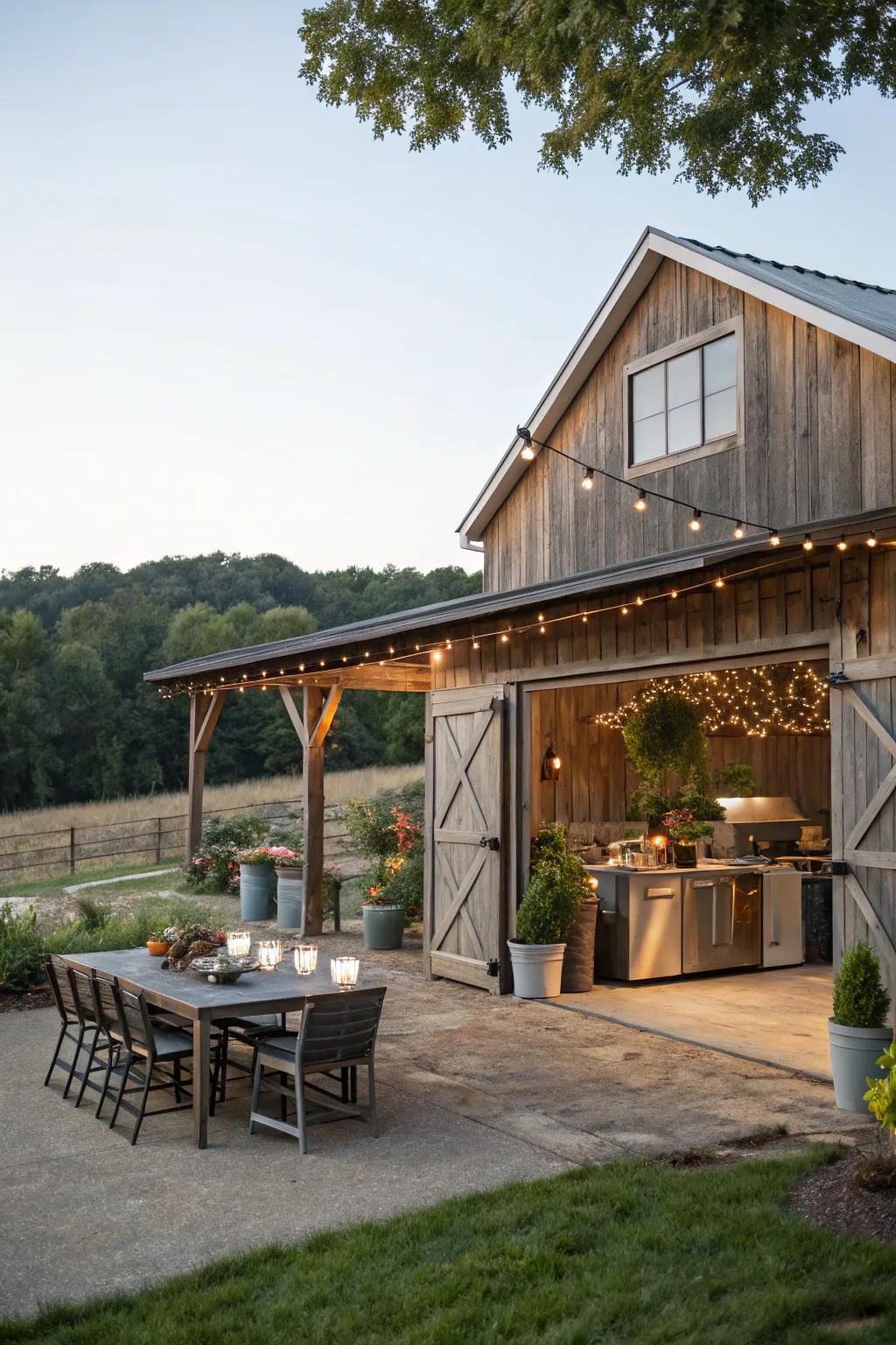 An outdoor kitchen and dining area for entertaining.