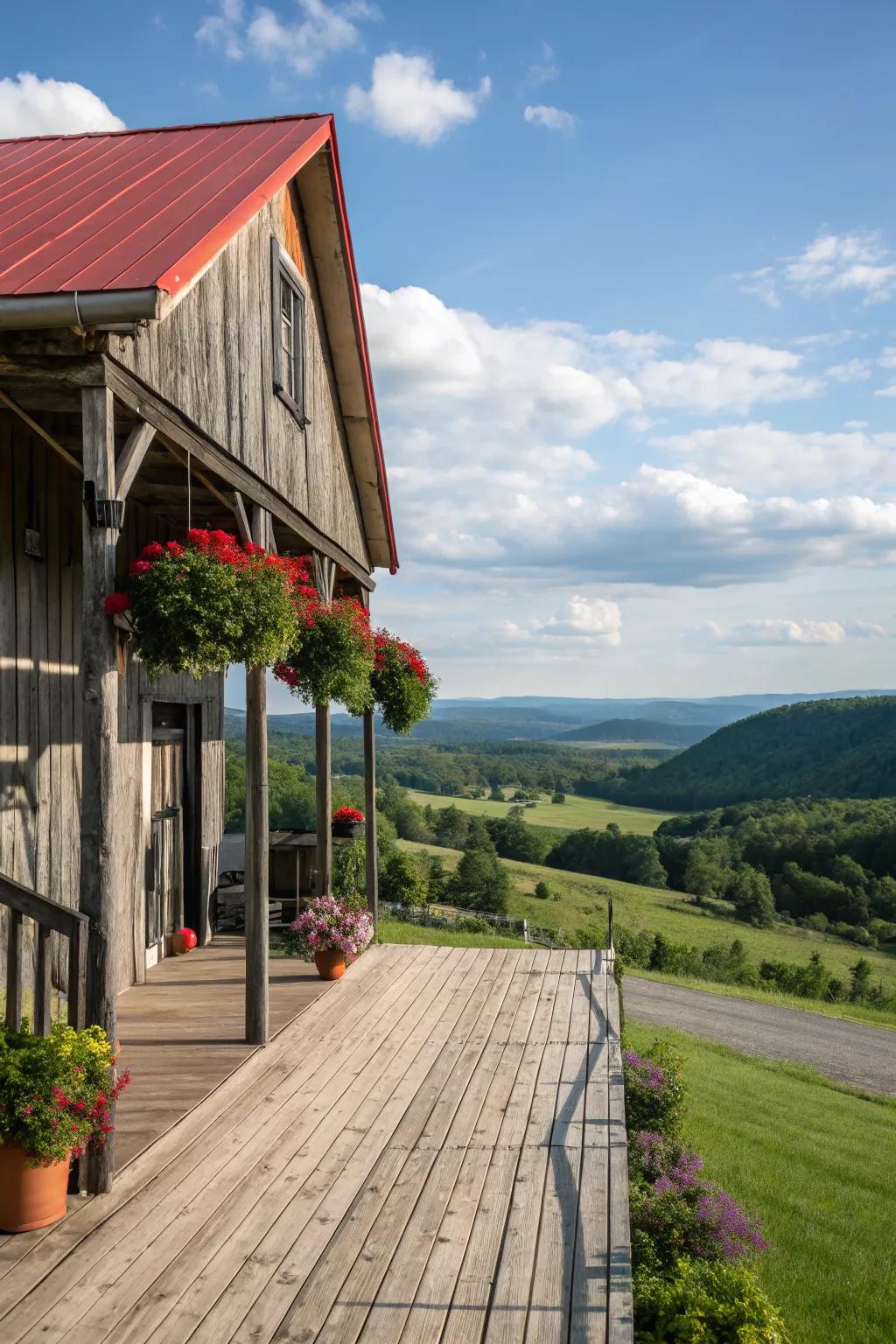 A barn with a porch, ideal for relaxing and enjoying nature.