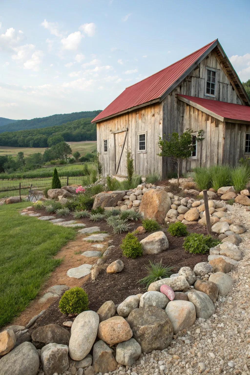 Rock features add a strong, earthy touch to barn landscapes.