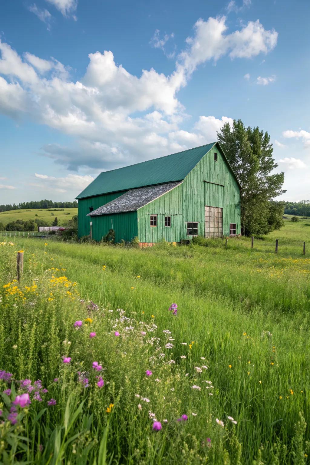 A barn painted in nature-inspired greens, blending seamlessly with the meadows.