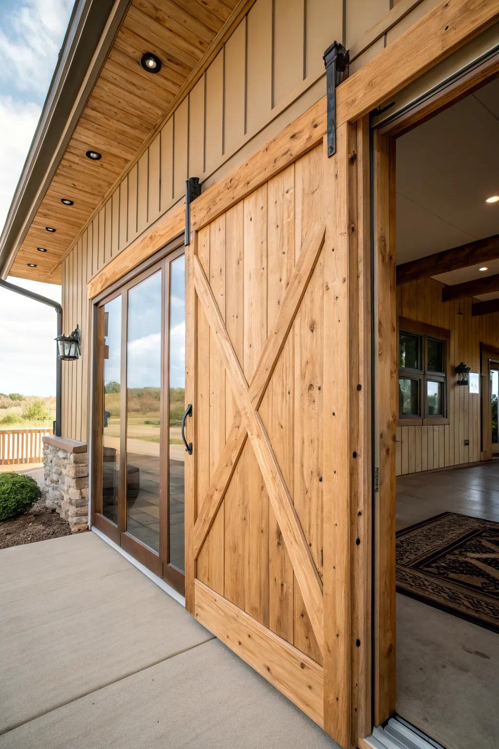 Warm and inviting natural wood finish on front door.