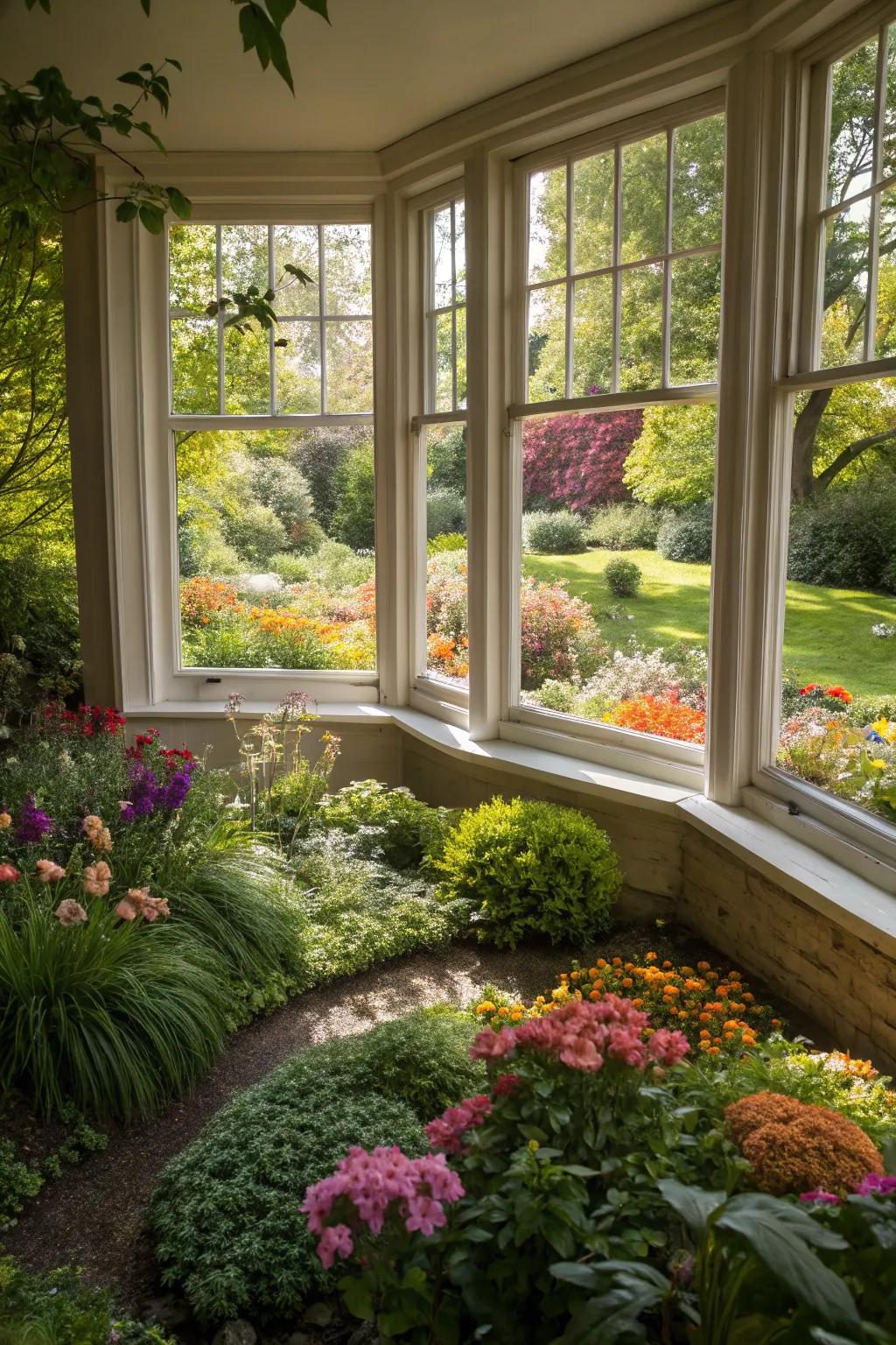 Low-growing ground covers create a lush carpet around bay windows.