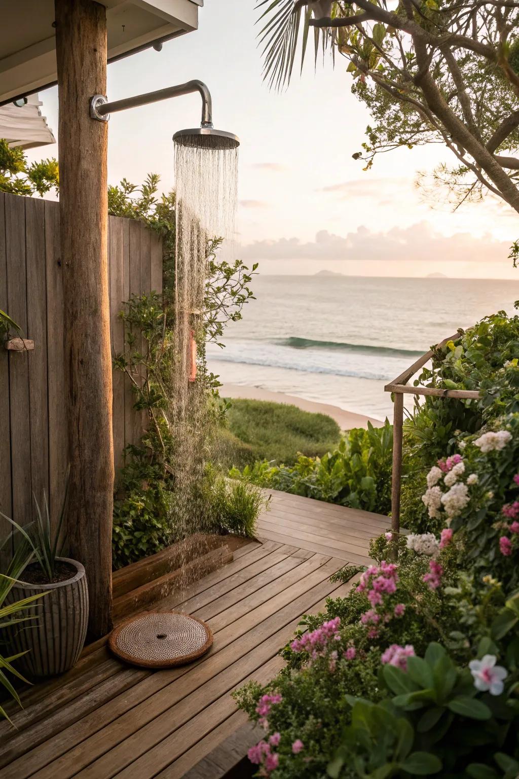 This outdoor shower offers a spa-like experience with its calming elements.
