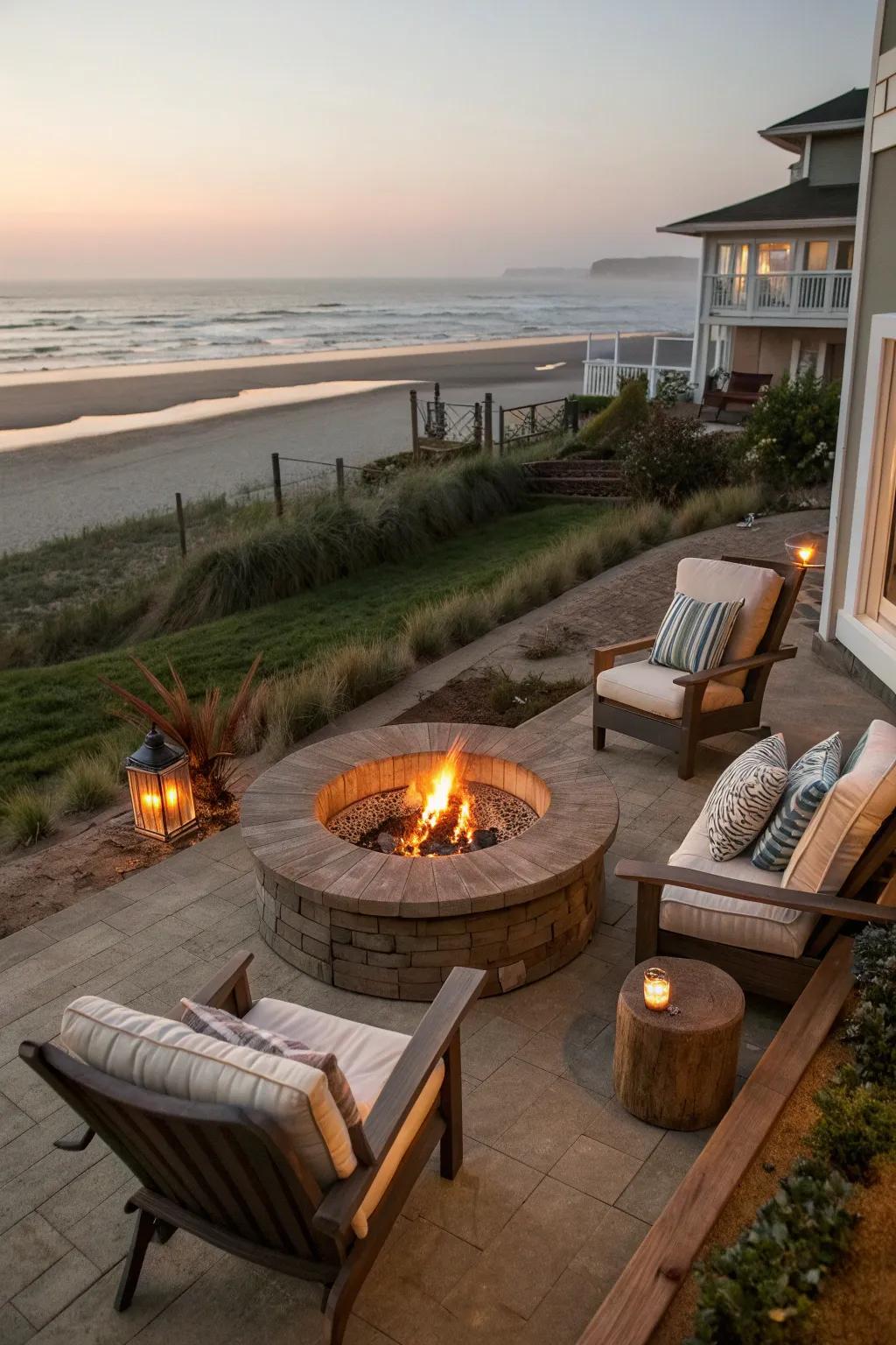 A welcoming fire pit setup on a beach house patio ideal for evening gatherings.