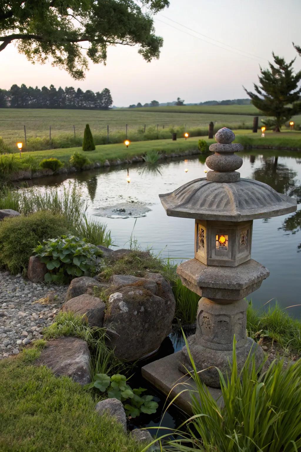 A tranquil Zen corner by the pond, perfect for meditation.