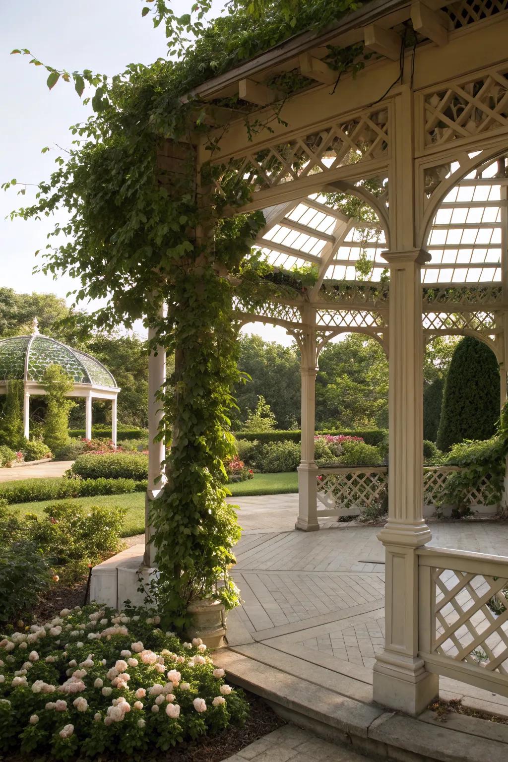 A gazebo with pergola influences, offering light and shade.