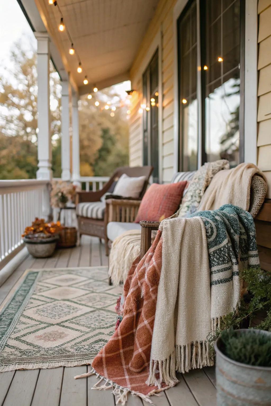Warm textiles creating a cozy porch atmosphere.