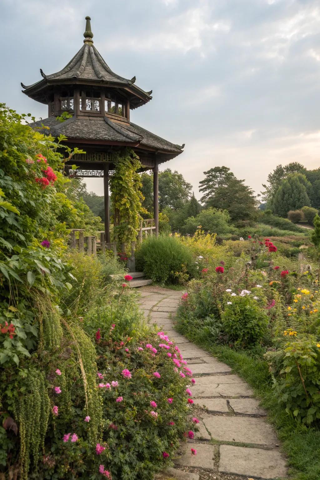 Cultural elements like a pagoda add unique character