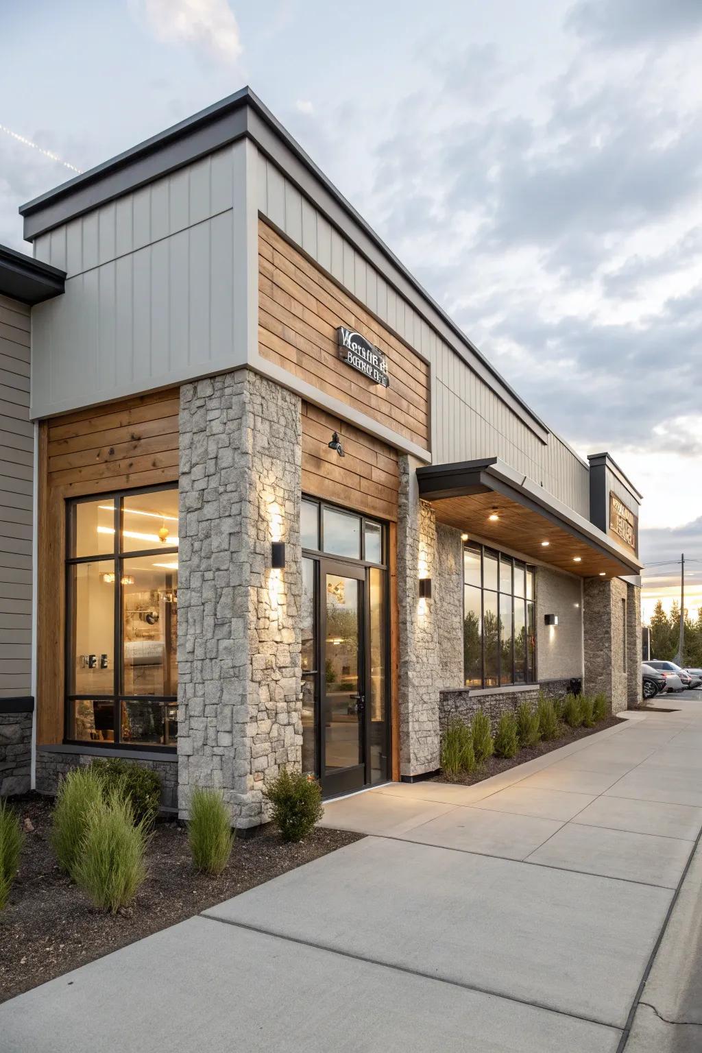 A beauty salon facade showcasing a mix of textured finishes for added depth.