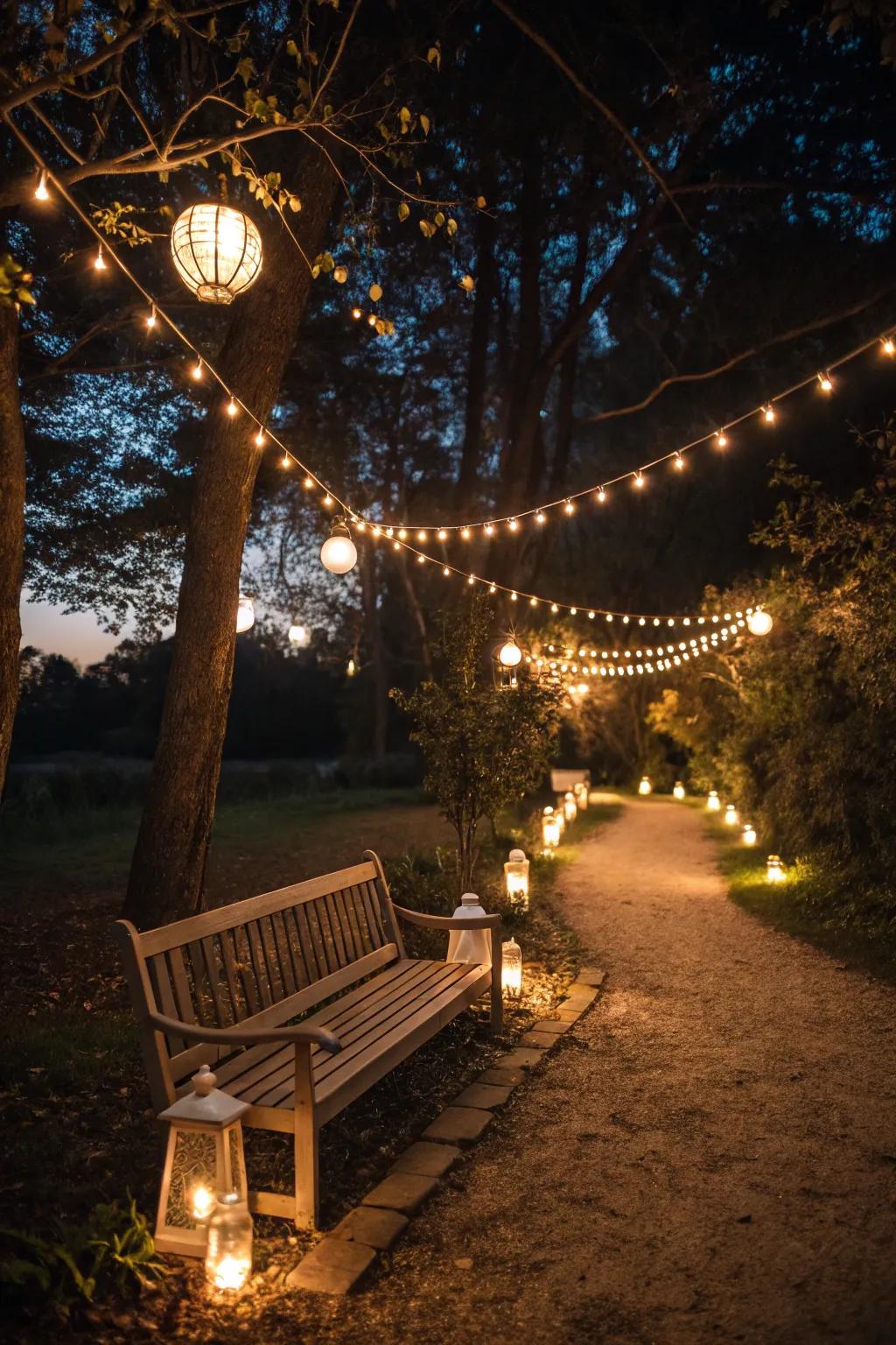 Ambient lighting brings warmth to this bench area.