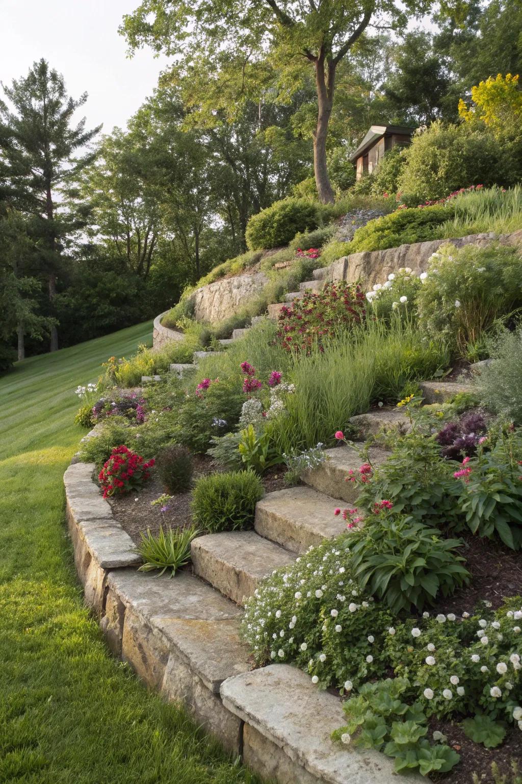 Sloped surfaces adding dynamic interest to a garden berm.