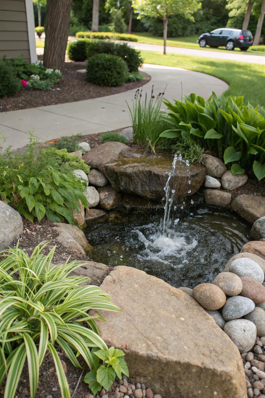 A bubbling rock adds a tranquil water feature to this enchanting berm.