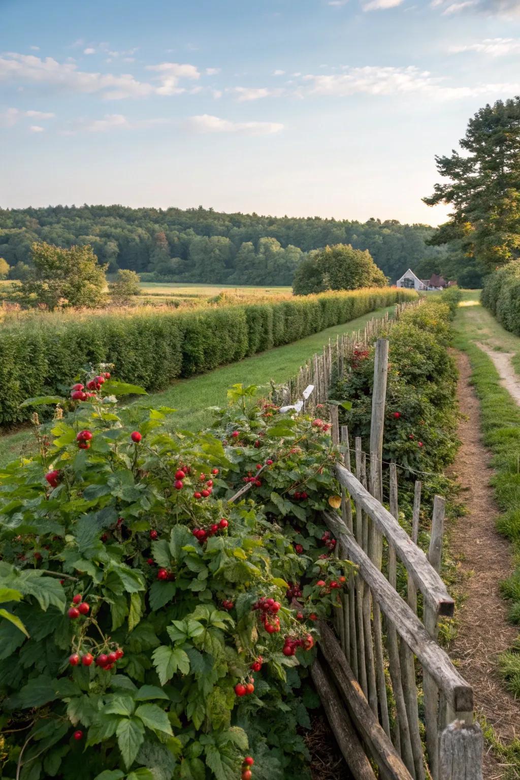 A berry garden tastefully outlined with natural hedges and rustic fencing.