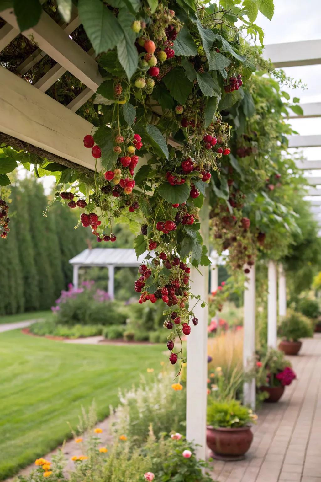 Hanging trellis brings a unique vertical element to garden spaces.