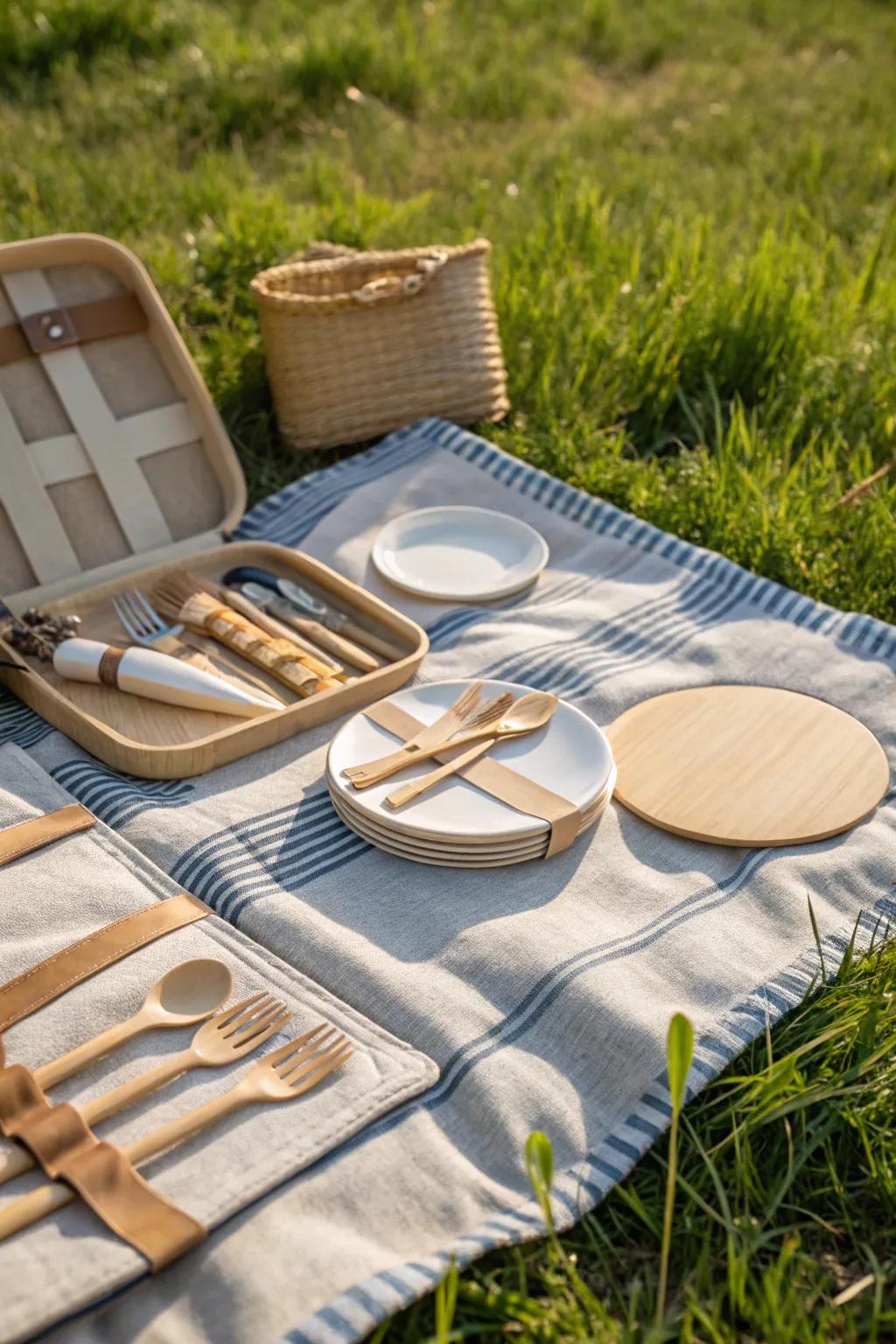 Sustainable picnic setup with bamboo cutlery.