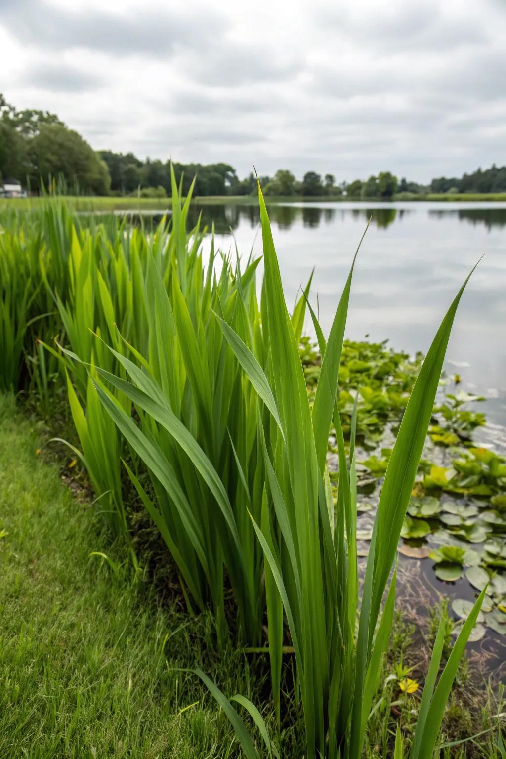 Sweet Flag providing beauty and function by a pond in an Iowa garden.