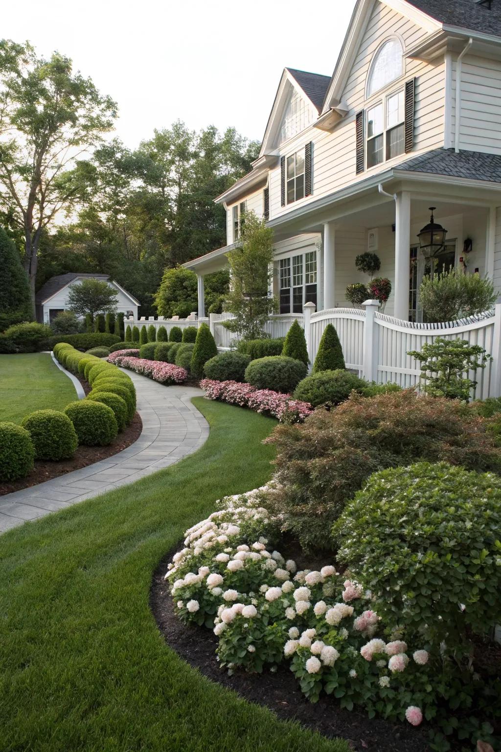 Architectural harmony between the house and the front yard.