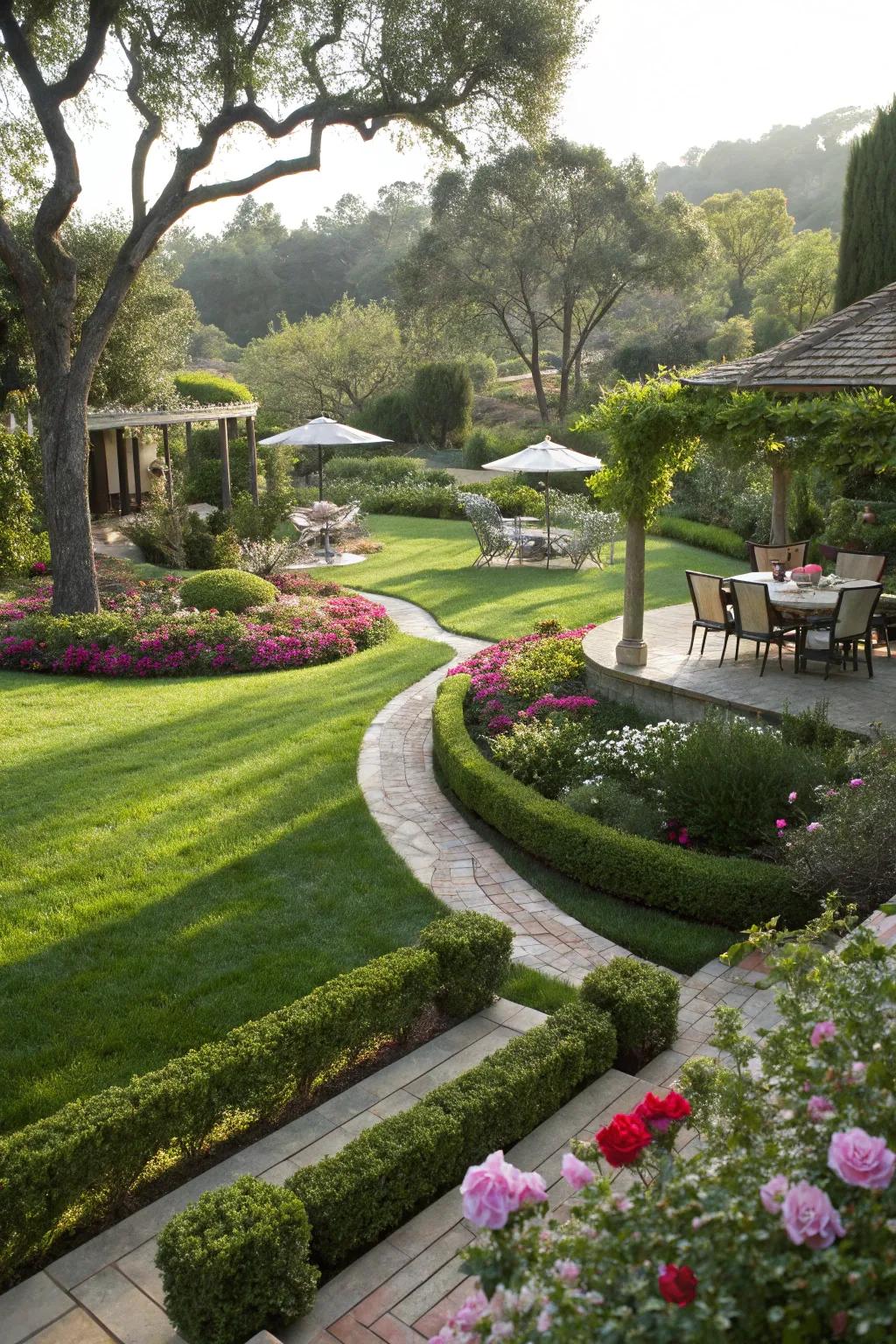A professionally landscaped garden with distinct and inviting areas.