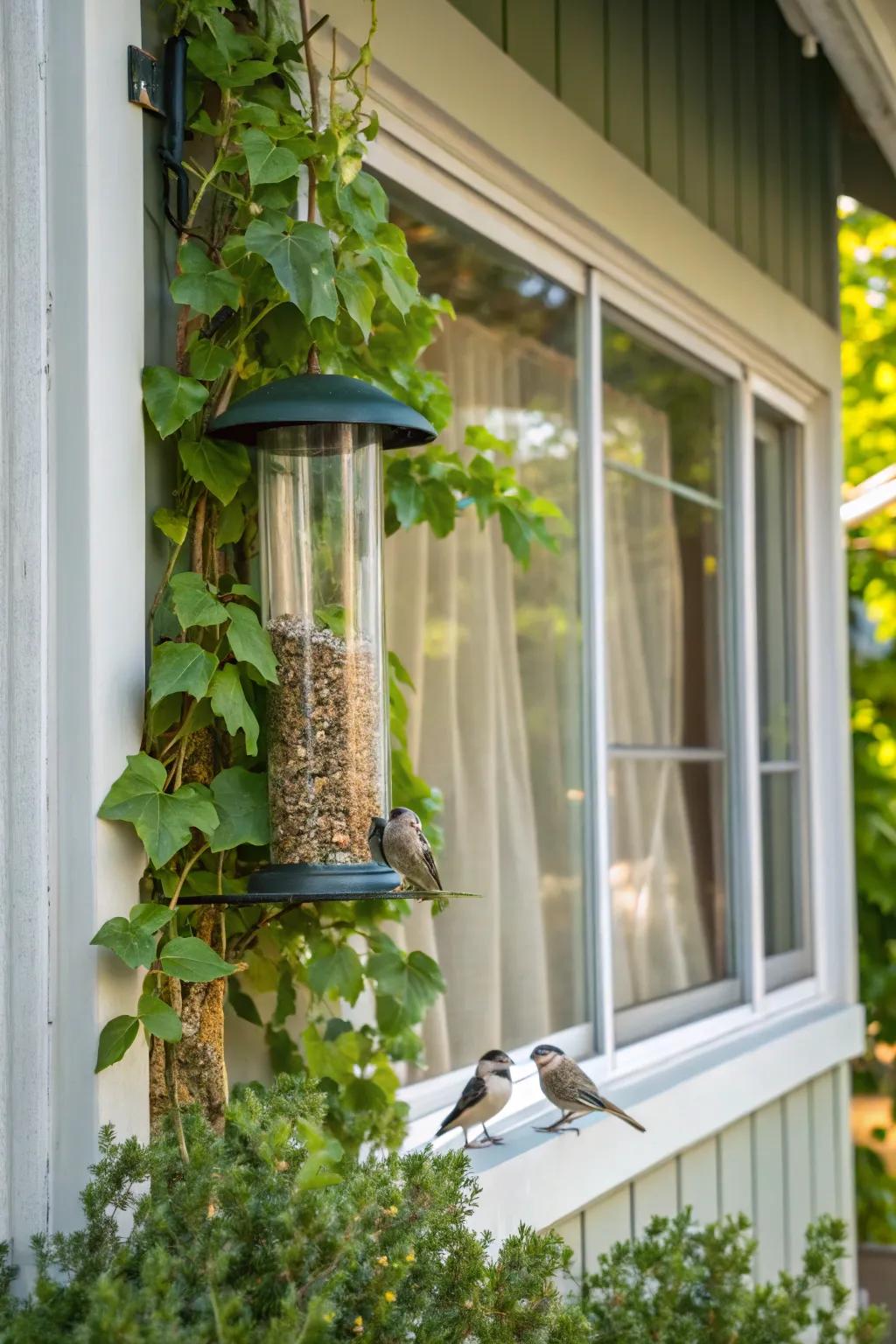 Window-mounted feeders bring birds up close.