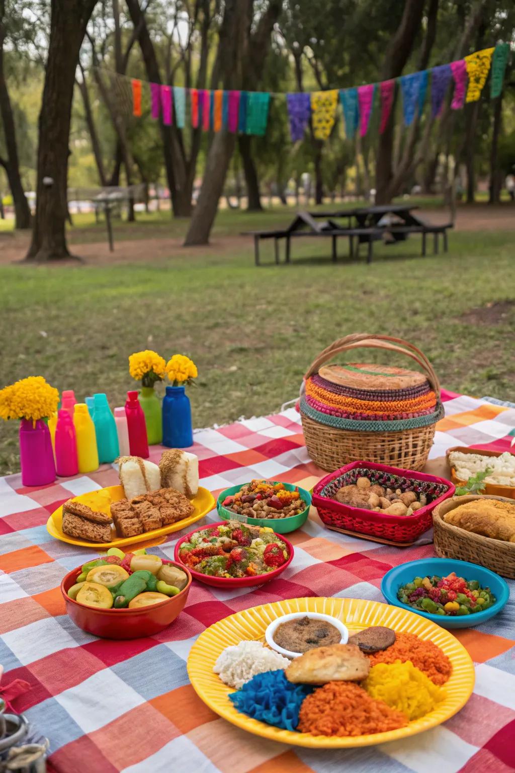 A cultural-themed picnic featuring a variety of international dishes.