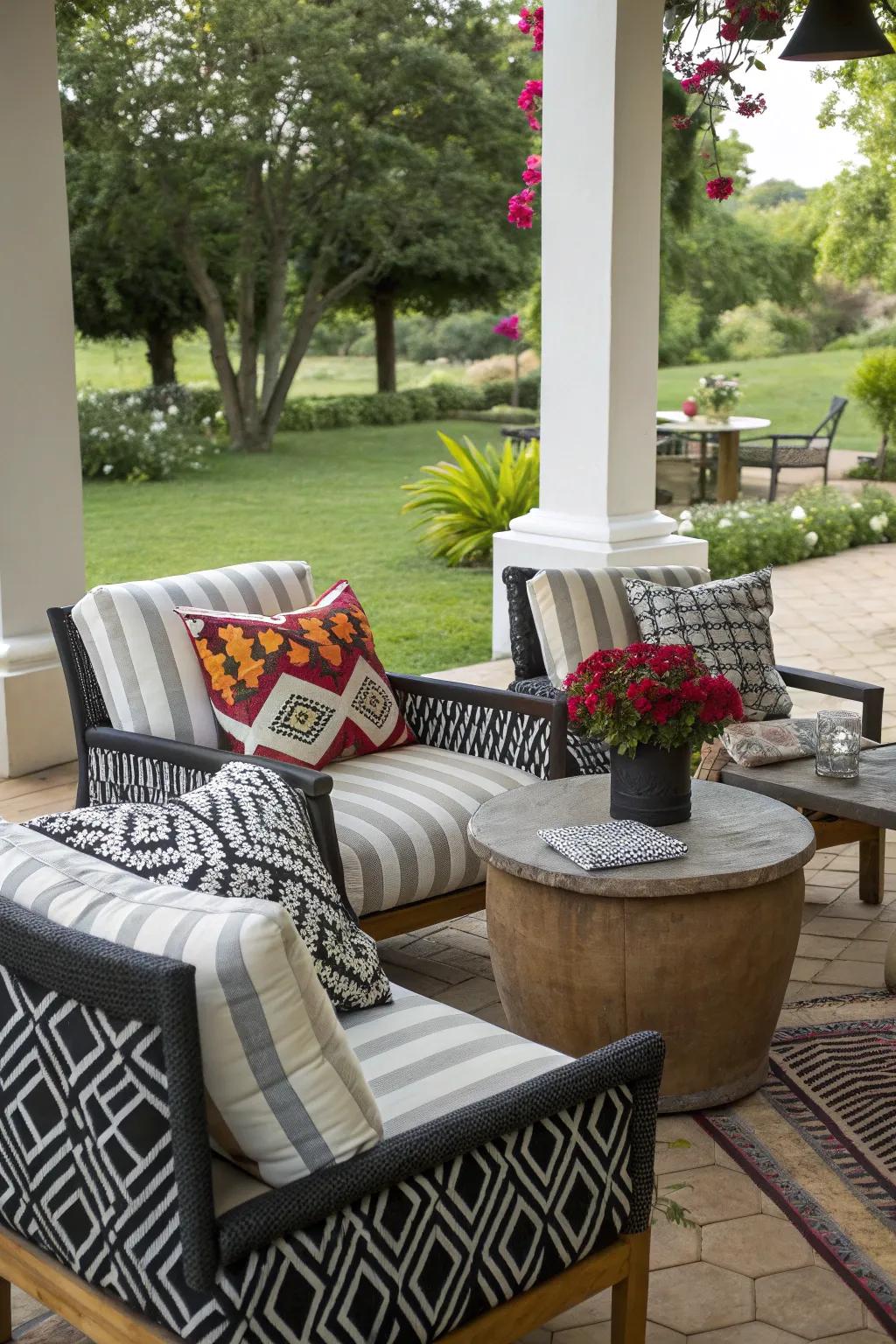 A daring mix of striped and geometric patterns in an outdoor setting.