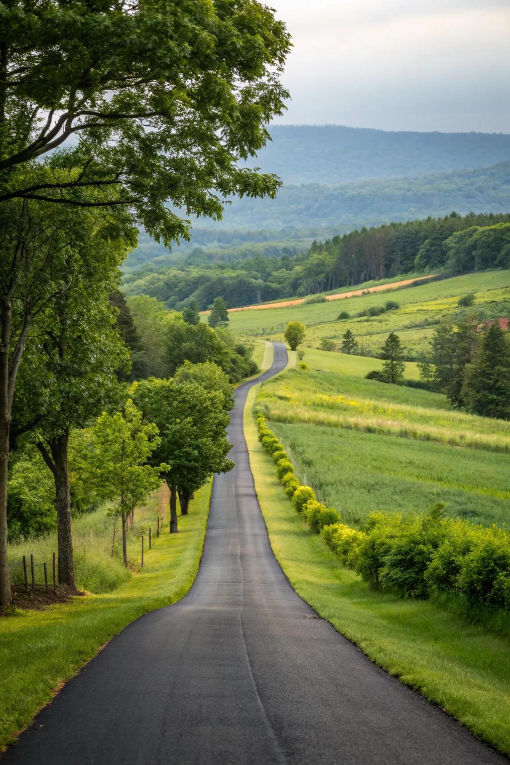 A winding driveway adds elegance and intrigue.