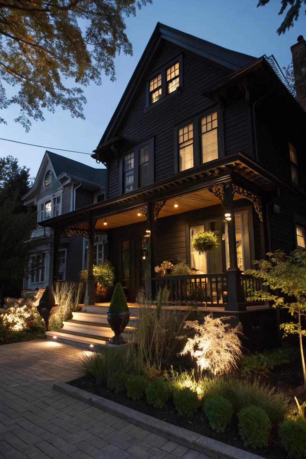 A dramatic front porch sets the tone for a stylish black house.