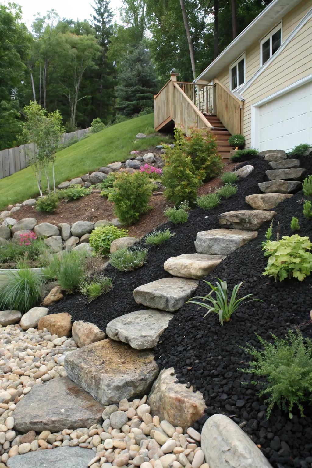Slope stabilization with black mulch and river rocks.