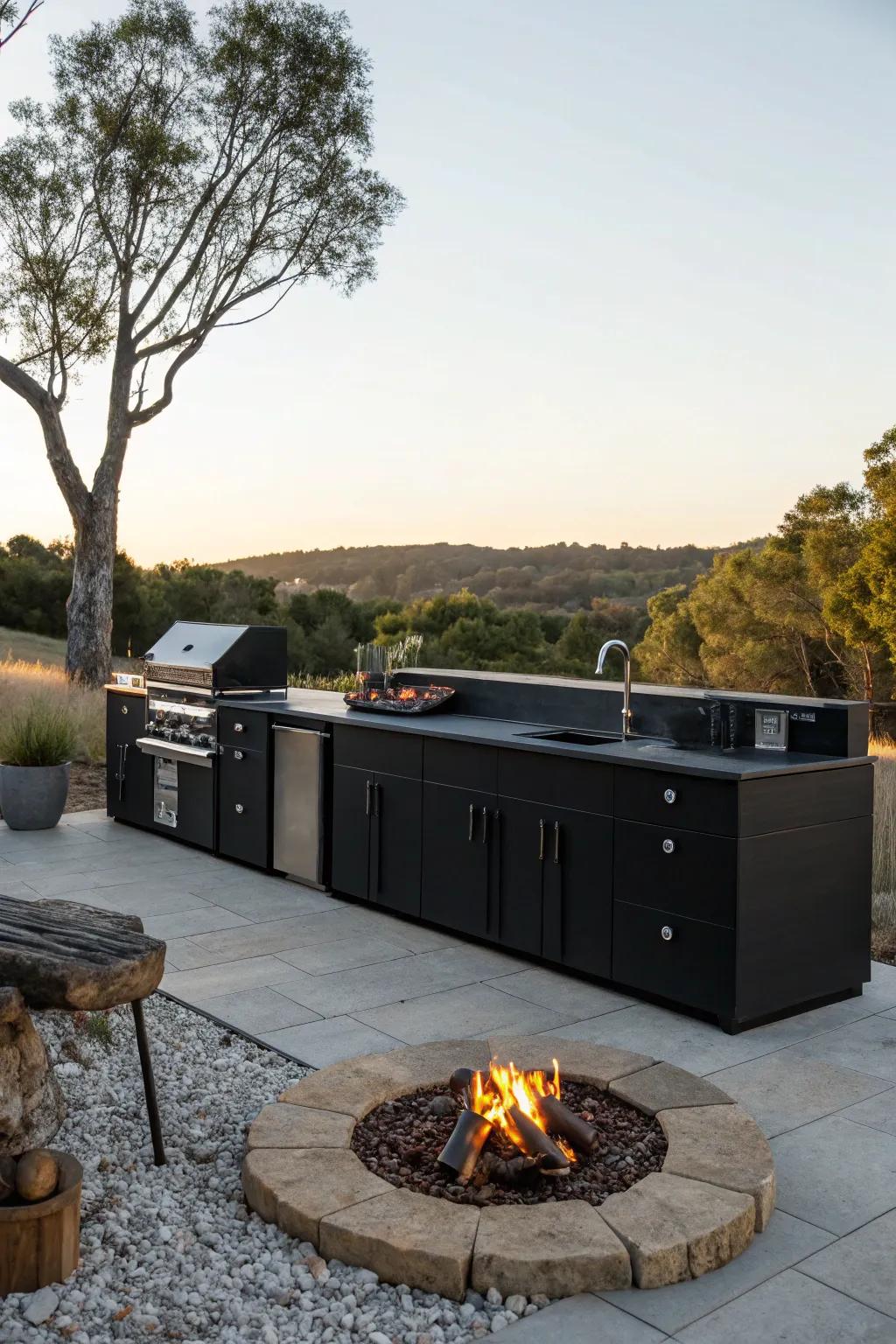 An eco-friendly fire pit creates a cozy atmosphere.
