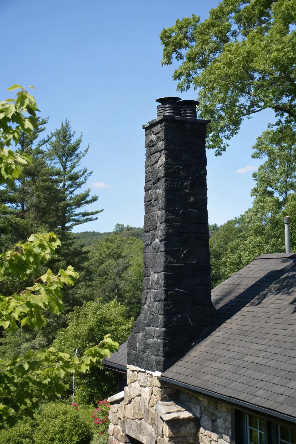 Black paint highlights the natural beauty of a stone chimney.