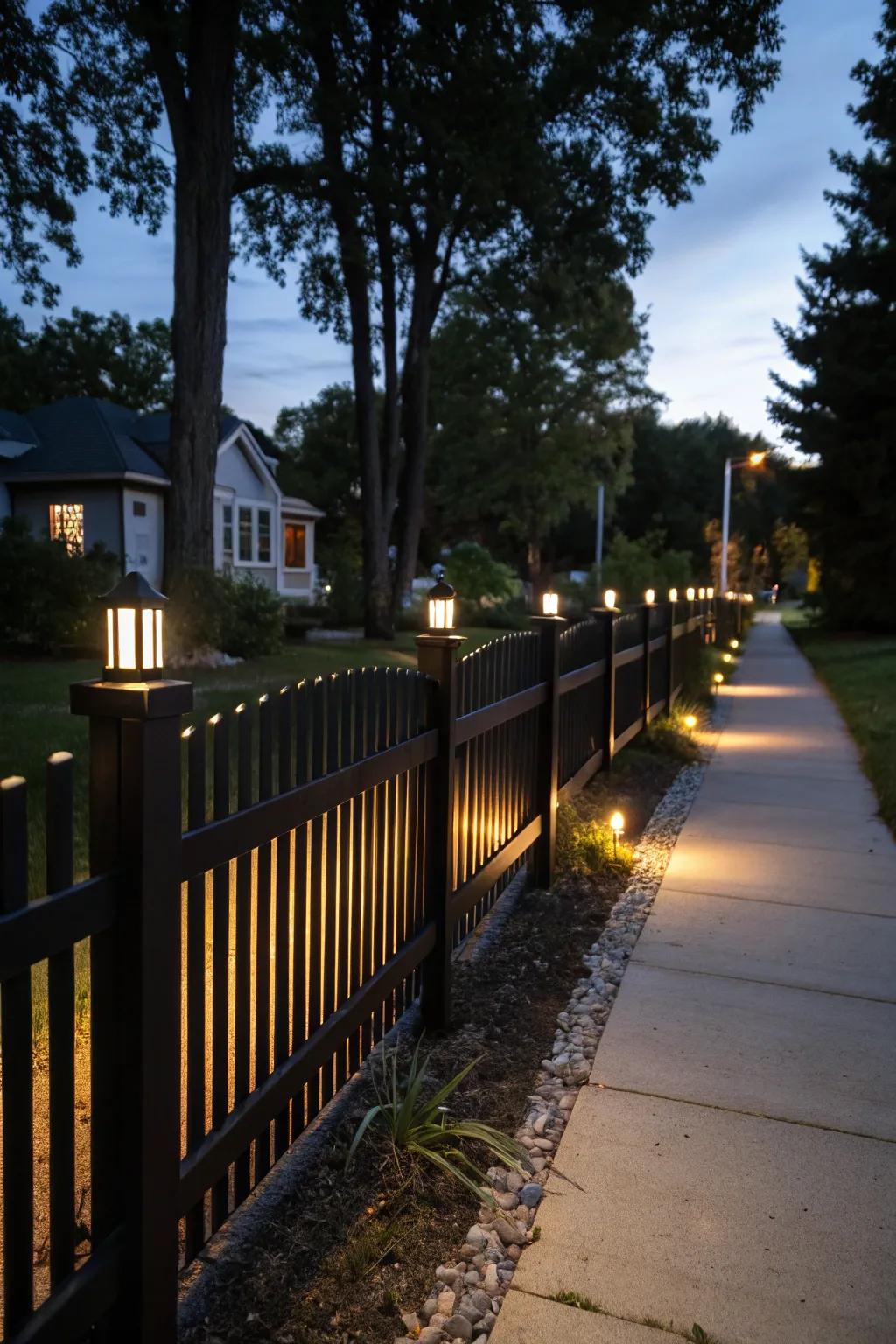 Subtle lighting enhances the allure of a black fence.