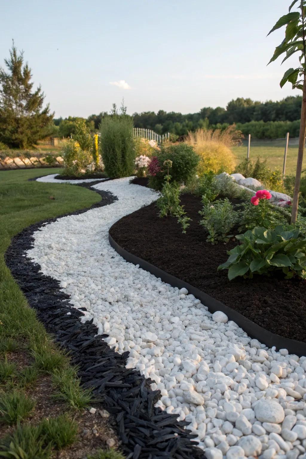 A stunning contrast of black rubber mulch and white gravel.