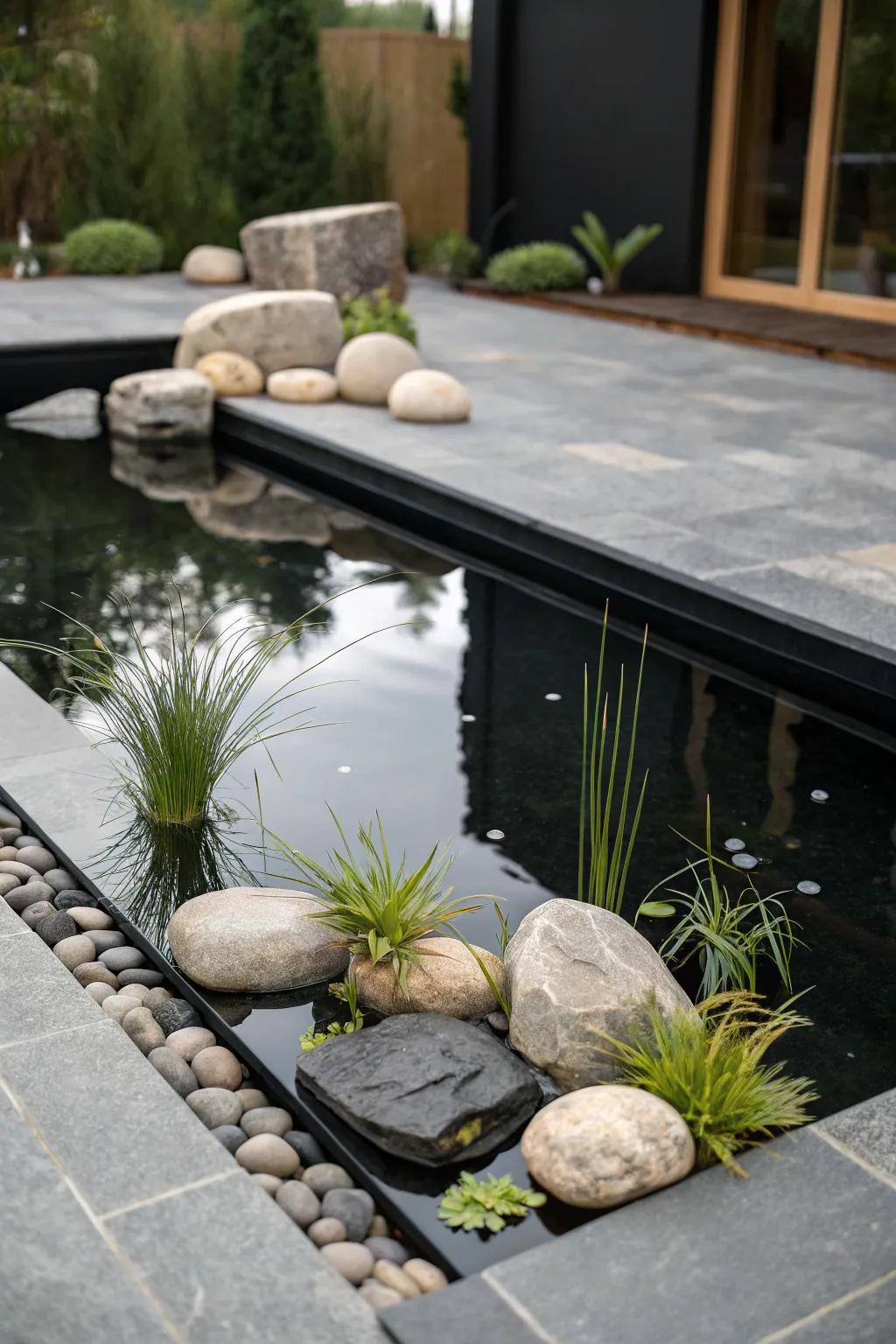 A Zen garden setting creates a peaceful poolside atmosphere.