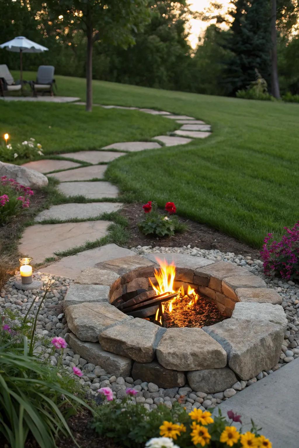 Subtle elegance with an in-ground natural stone fire pit.