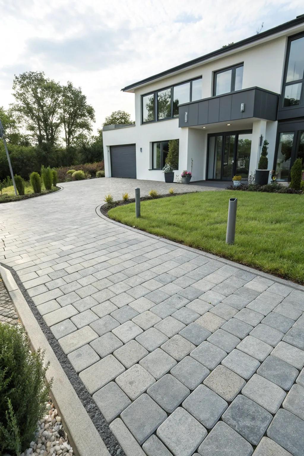 Sophisticated grey block paving harmonizing with modern exteriors