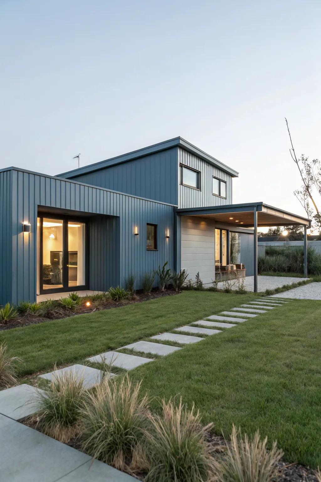 A modern home that balances style and calm with a blue-grey exterior.