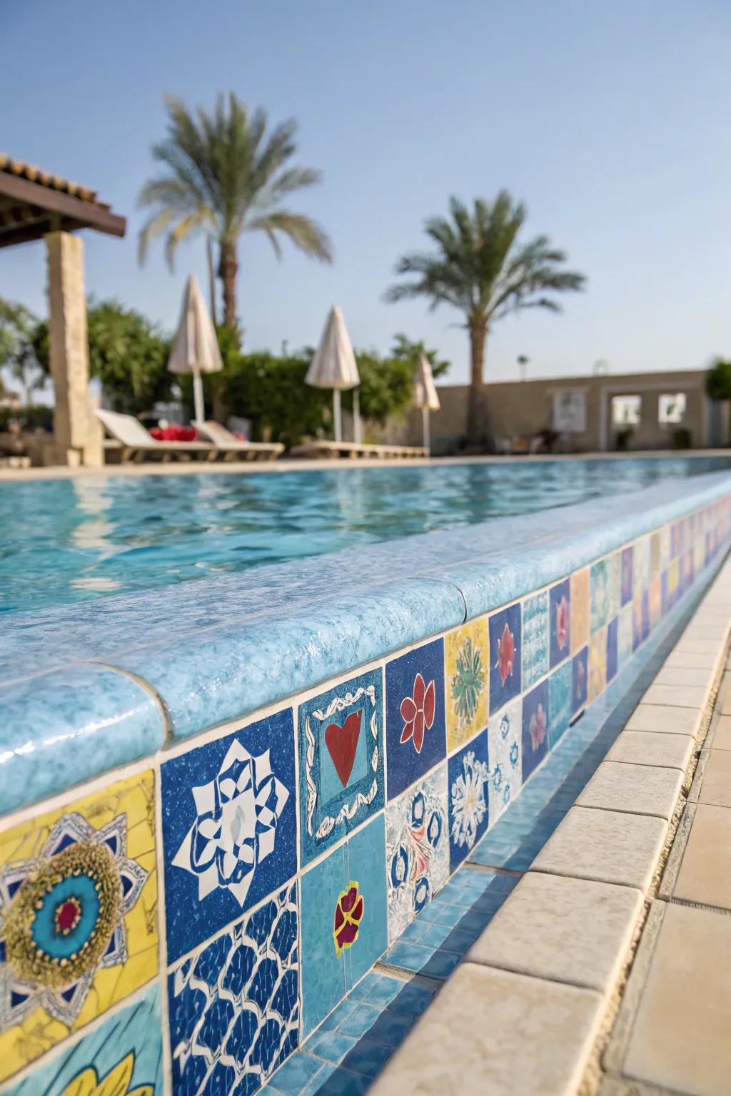 Patchwork patterns add a playful touch to pool designs.