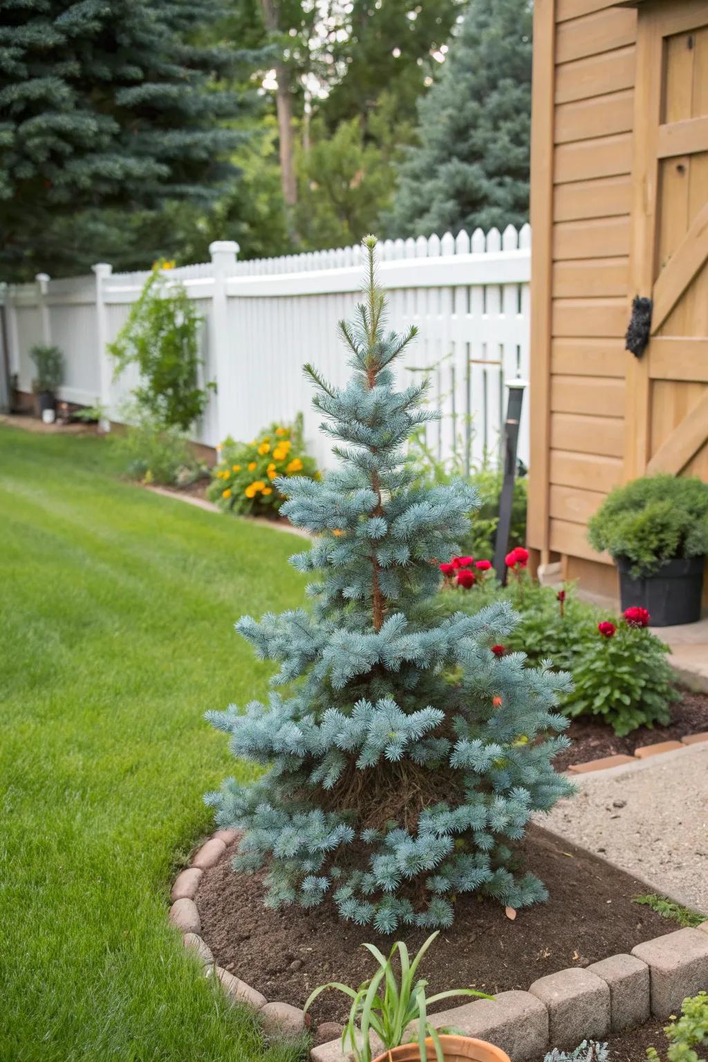 Dwarf blue spruce trees provide beauty to smaller garden spaces.