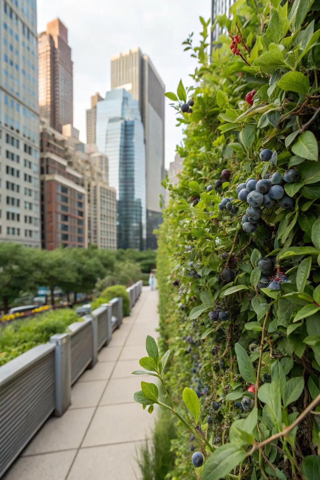A space-saving vertical garden filled with blueberry plants.