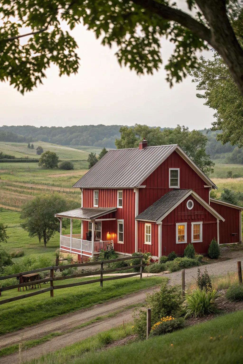 Rich red siding for a warm and inviting farmhouse look.