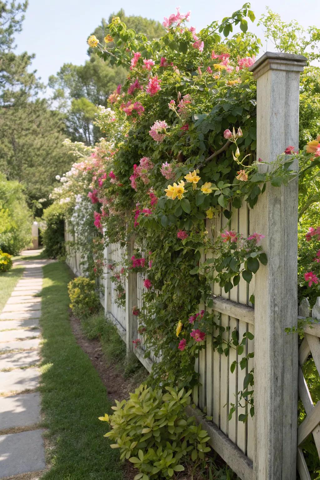 Climbing plants turn a fence into a living wall.
