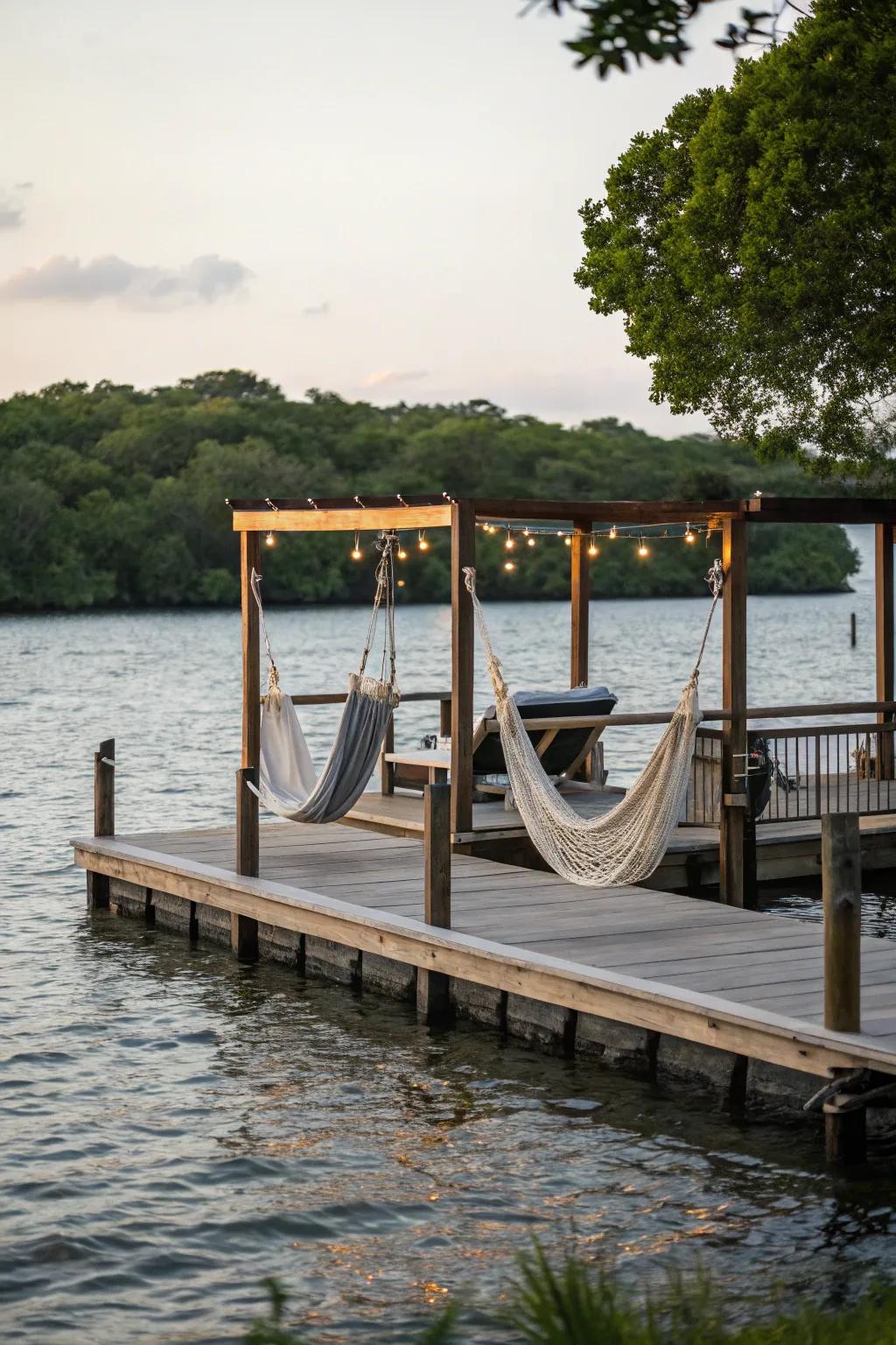 Hammocks offer a perfect spot to relax by the dock.