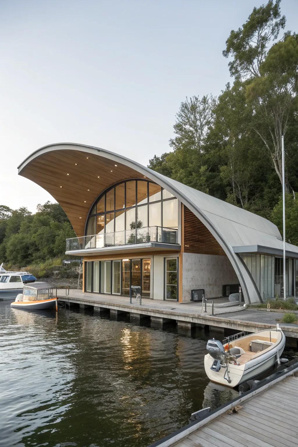 A boat house with innovative architecture, including a curved roof.
