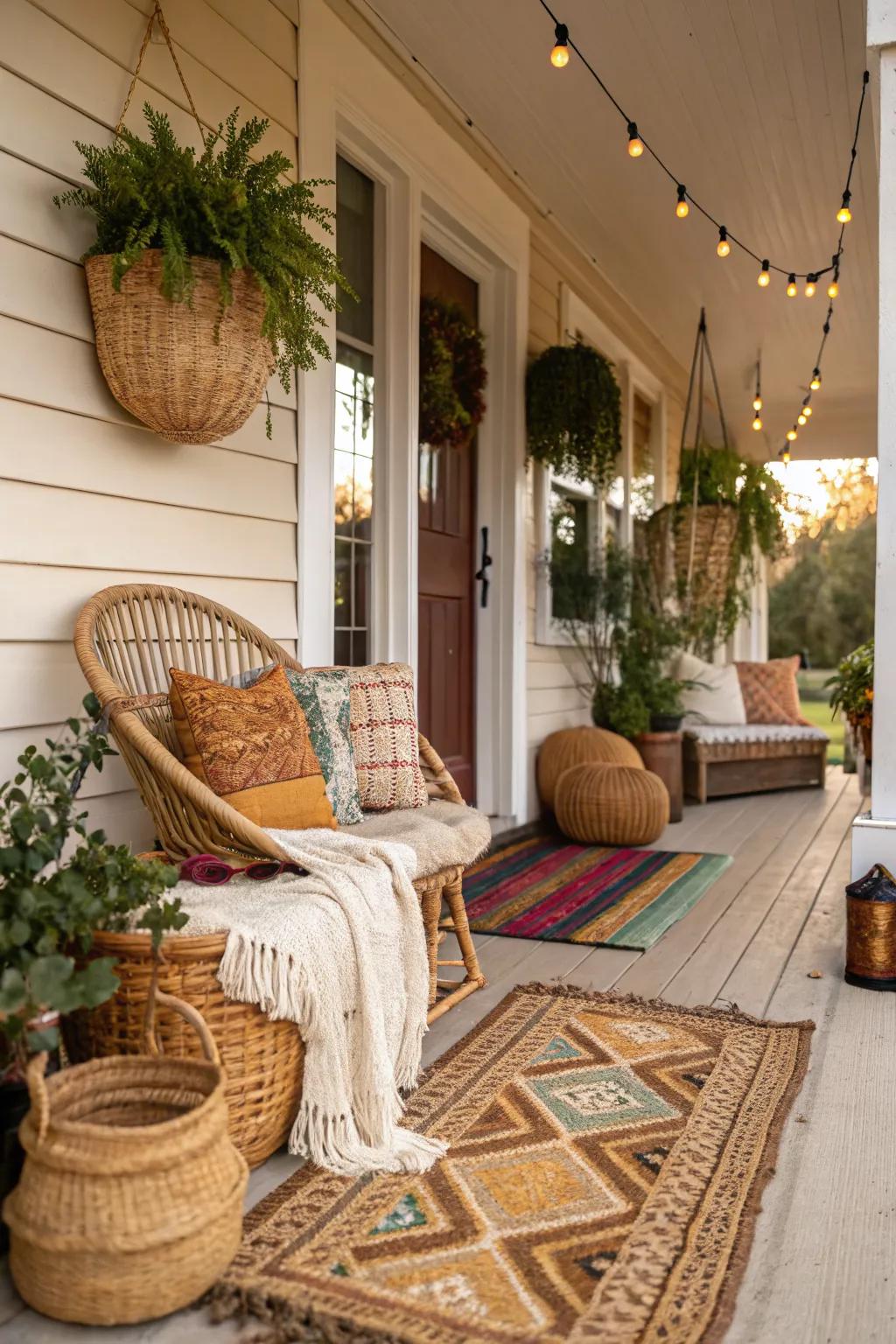 Baskets and natural fibers add rustic charm to your bohemian porch.