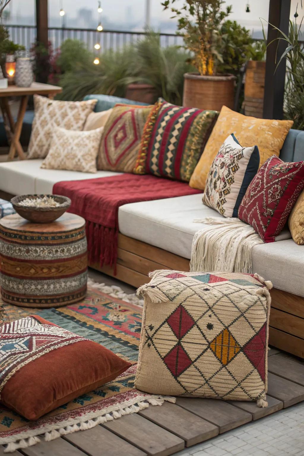 Layering textures and patterns adds depth to your boho seating area.