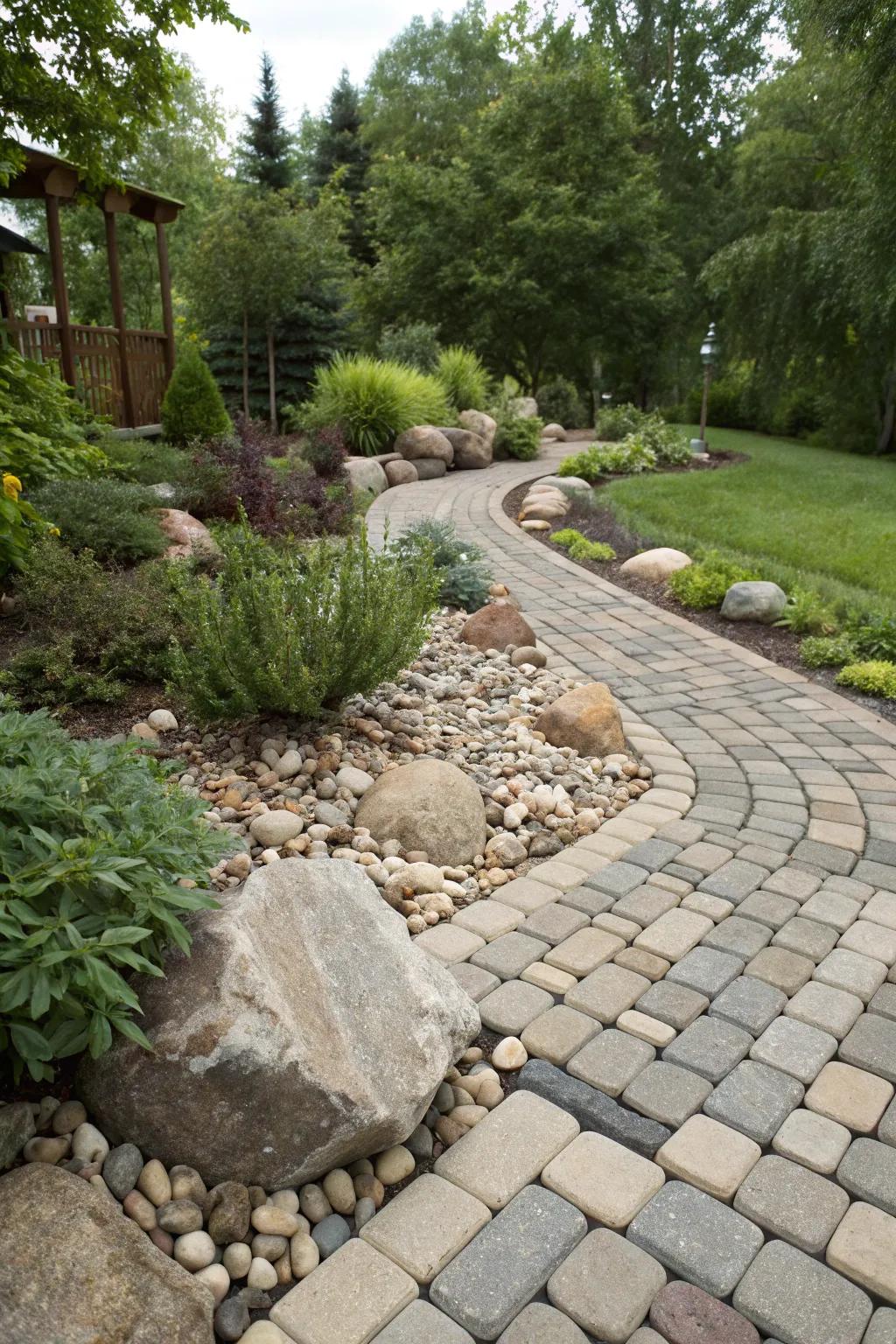 Combining rocks and pavers creates a rugged, natural garden border.
