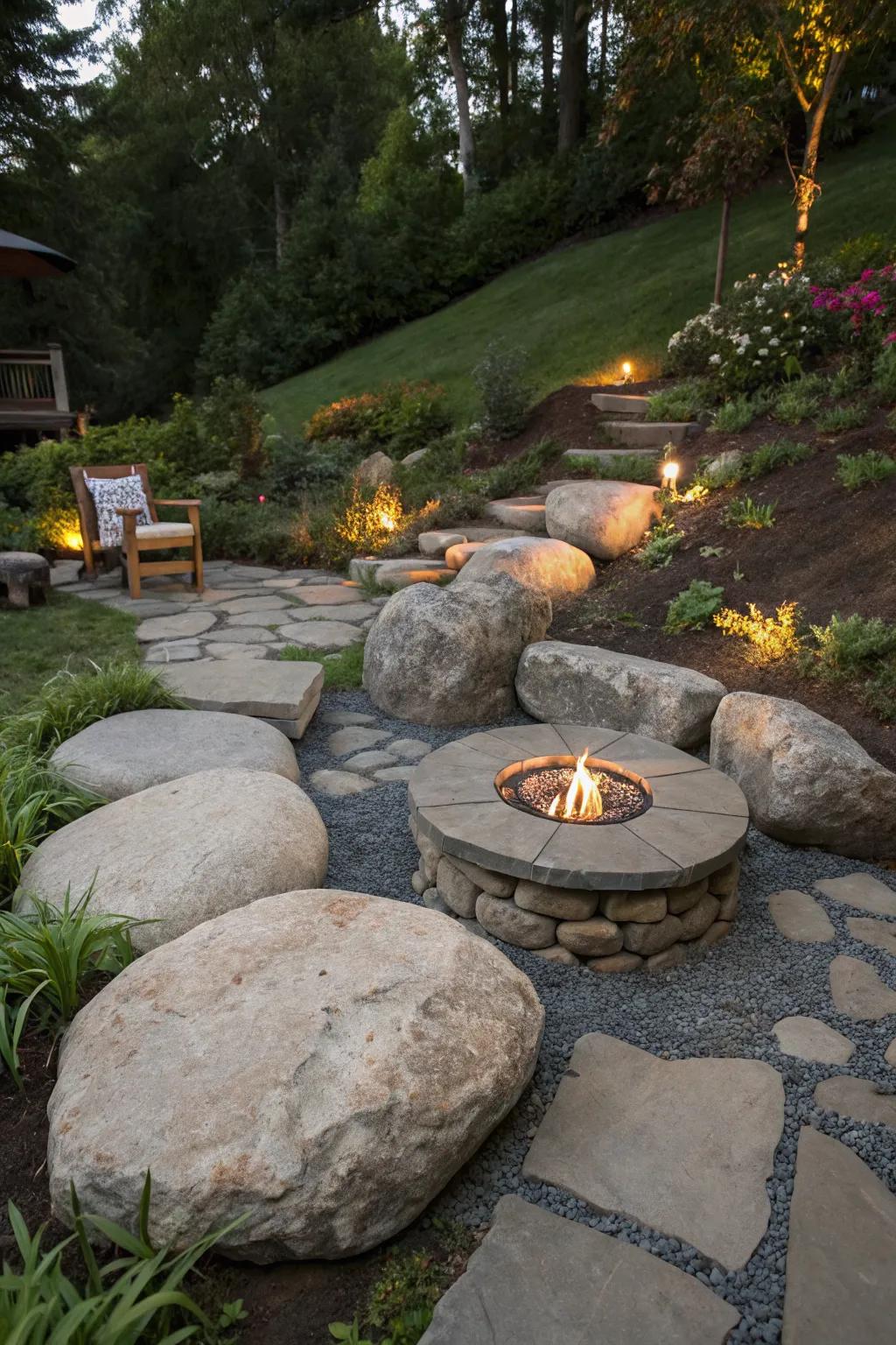 Create inviting seating with flat-topped boulders.