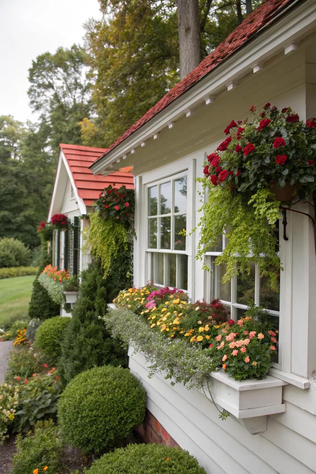 Boxwoods in window boxes adding charm to a cottage.