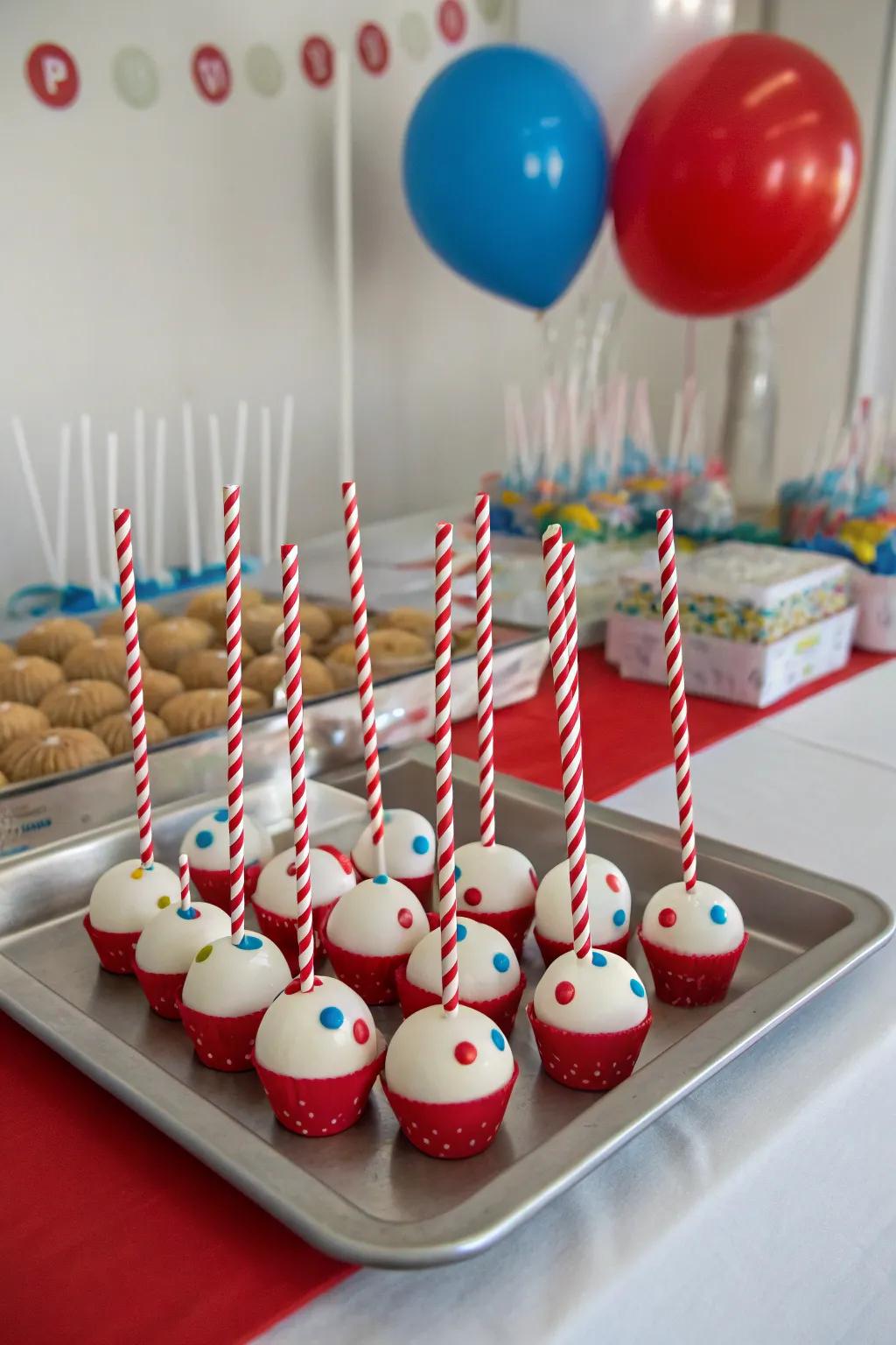 Colorful bobber cake pops ready to enjoy.
