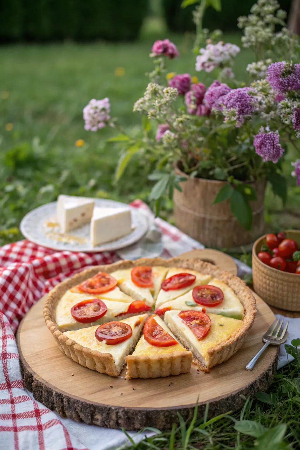 Enjoy the savory goodness of a homemade cheese and tomato tart.